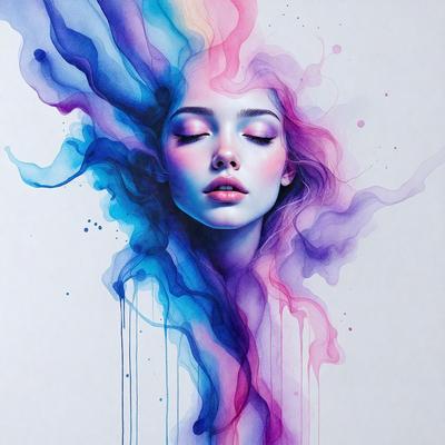 The primary subject of the image is a woman's face, which is the main focus of the image. The setting is a colorful background, which adds to the overall atmosphere of the image. The visual style is a combination of digital art and illustration, creating a unique and artistic representation of the woman's face. The colors and mood of the image are vibrant and lively, with a mix of purple, blue, and pink hues that evoke a sense of creativity and imagination.
